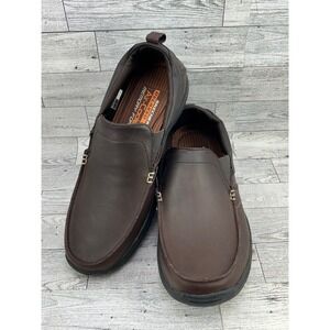 Skechers Relaxed Fit Air Cooled Memory Foam Brown Leather Loafer Shoes Men‎ 9.5